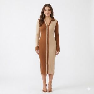 Two Tone Asymmetrical Tan and Camel Long Sleeve Ribbed Bodycon Dress With Collar
